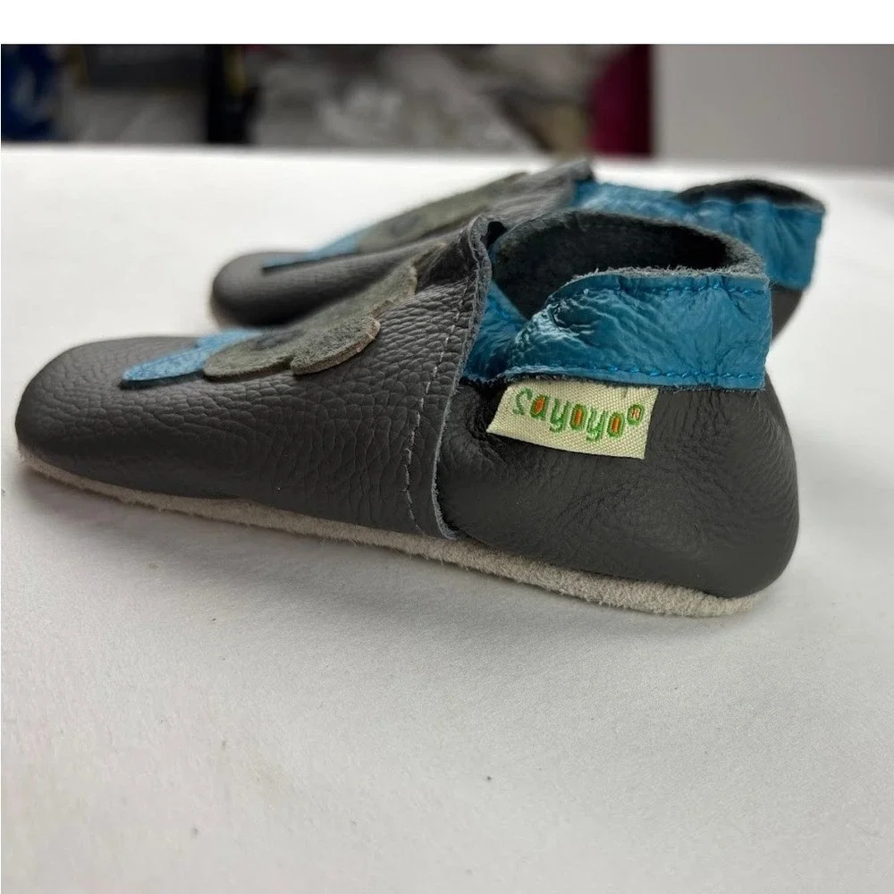 Sayoyo‎ Baby Boys 12 18 Soft Leather Bear Crib Shoes Blue Trim Toddler Moccasins